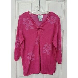 Quacker Factory hawaiian flower pink beaded Lilly like womens shirt top 1X XL